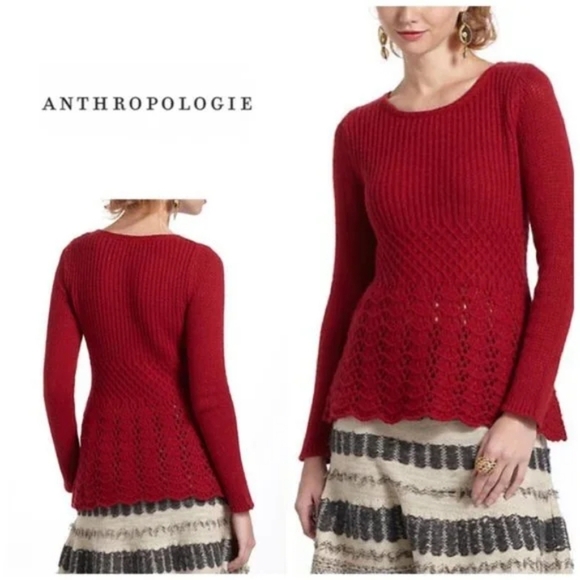 Anthropologie Sweaters - Anthropologie Guinevere Womens Red Wool Blend Peplum Knit Sweater Size Small